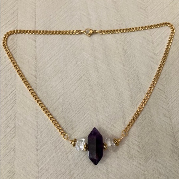 Genuine double point amethyst crystal & herkimer diamonds gold boho necklace - Picture 6 of 11